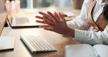 Computer, hands and video call with business person at desk in office for feedback or update....