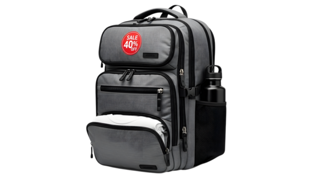 A gray travel backpack with a 40 off sale sticker isolated on transparent background