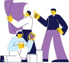 Creative flat team working with blueprints and project documents for planning and strategy.