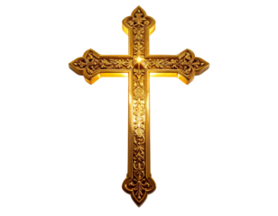Golden Cross with Intricate Engravings, Front View, isolated on transparent background