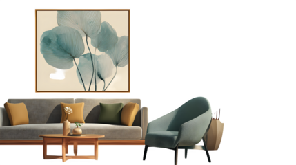 Modern living room interior, isolated on transparent background