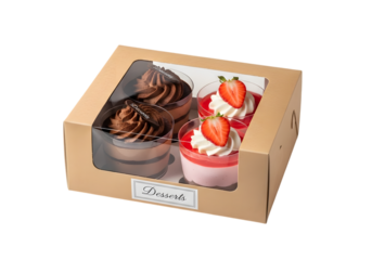 Box of assorted desserts with chocolate mousse and strawberry shortcake isolated on transparent background