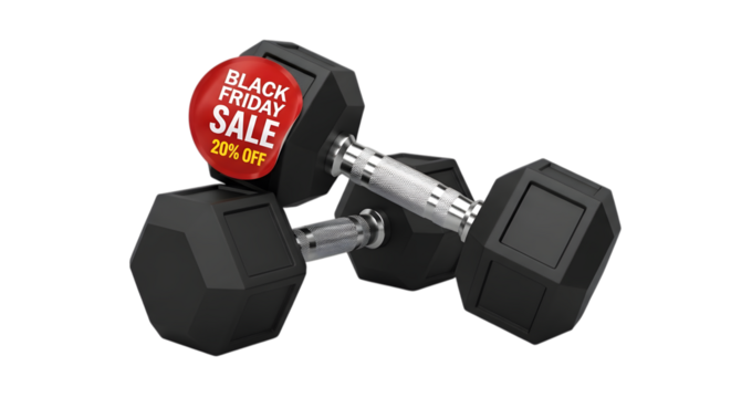 Pair of black dumbbells with a black friday sale sticker isolated on transparent background