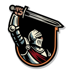 Knight Mascot Vector Illustration with Sword Raised in Armor for Sports Logo Emblem Warrior Design and Fantasy Character Art