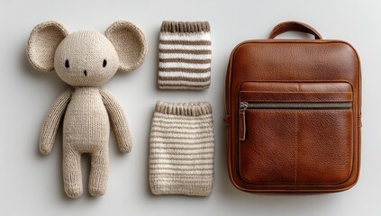 Knitted toy, baby socks, and brown leather bag