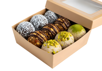 Assorted energy balls in a box isolated on transparent background offer a healthy and delicious treat