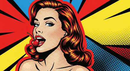 Bold pop art redhead with cherry in mouth evokes retro glamour and vintage style charm for creative projects