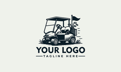 A golf cart with clubs and a flag is depicted in a monochrome illustration on a light background.