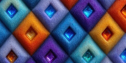 A colorful mosaic of diamond-shaped tiles, adorned with shimmering gems, forms an intricate pattern.