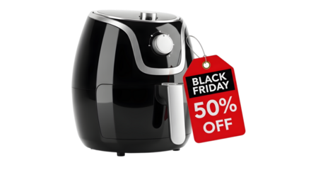 Black air fryer with a black friday 50 off tag isolated on transparent background