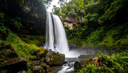 Fototapeta premium Lush waterfall cascading down mossy rocks
