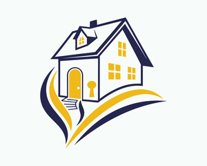 Vector illustration of a real estate logo with a house icon and building architecture