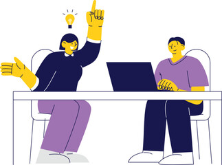 Professional flat-style scene of a team discussing an idea at the laptop, representing creative thinking and collaboration.
