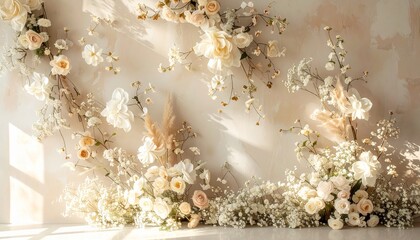 Elegant floral backdrop with soft roses and baby's breath bathed in warm sunlight