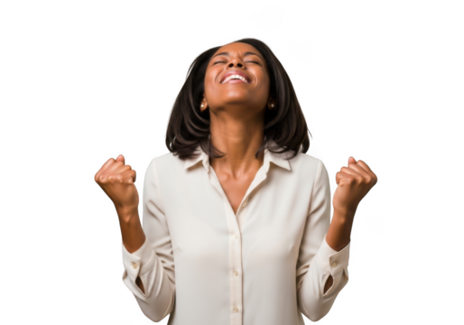 Excited african american woman celebrating success with fists raised in the air, achievement, isolated on transparent background