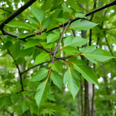 Obraz premium Branch of a tuliptree with vibrant green leaves, tuliptree, tulipwood, fiddletree, branch, leaves, nature, tree, forest, green