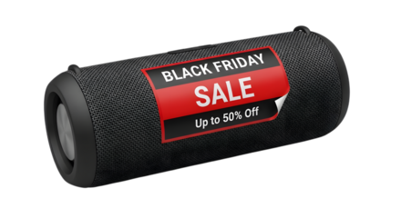 Black friday sale advertisement on a portable speaker isolated on transparent background