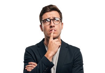 Pensive businessman with finger on lip looking upward, thoughtful pose, wearing glasses and suit jacket isolated on transparent background
