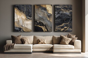 Elegant living room features a luxurious sectional sofa complemented by striking marble and gold artwork
