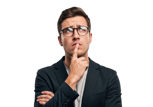 Pensive businessman with finger on lip looking upward, thoughtful pose, wearing glasses and suit jacket isolated on transparent background