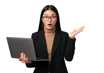 Surprised businesswoman with laptop and open hand gesture wearing glasses and blazer, shocked reaction, isolated on transparent background
