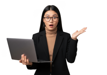 Surprised businesswoman with laptop and open hand gesture wearing glasses and blazer, shocked reaction, isolated on transparent background