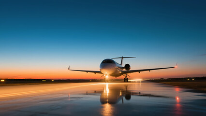 Obraz premium Luxury Jet Preparing for Takeoff at Sunset, Capturing the Essence of Travel and Adventure Against a Dramatic Sky