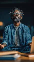 Calm African American Man Meditating at Desk for Mindfulness and Stress Relief Premium Modern Workplace Wellness Content for Advertising