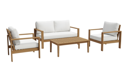 Outdoor teak patio furniture set isolated on transparent background with white cushions