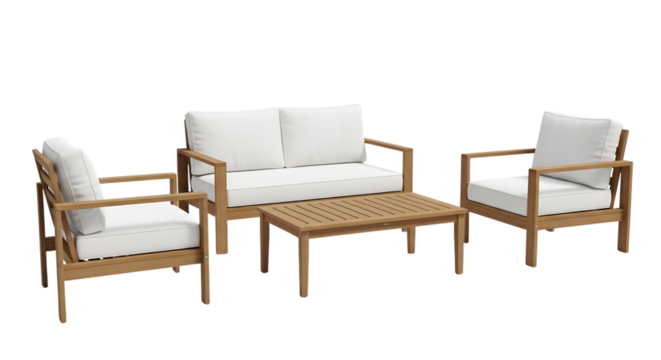 Outdoor teak patio furniture set isolated on transparent background with white cushions