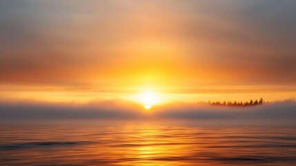 Fototapeta premium Beach sunset fog concept. Sunrise over calm waters, casting golden reflections and softly illuminated clouds.