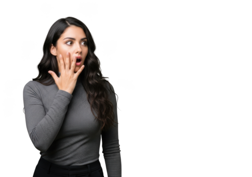 Shocked woman with hand on face, surprised reaction, fear, amazement, astonishment, shock, excitement, isolated on transparent background - Powered by Adobe