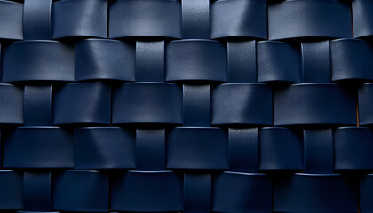 Dark blue textured woven pattern with interlaced geometric leather strips
