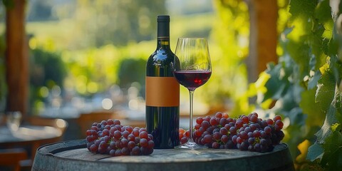 Wine bottle and glass with grapes on a barrel in a beautiful vineyard scene.