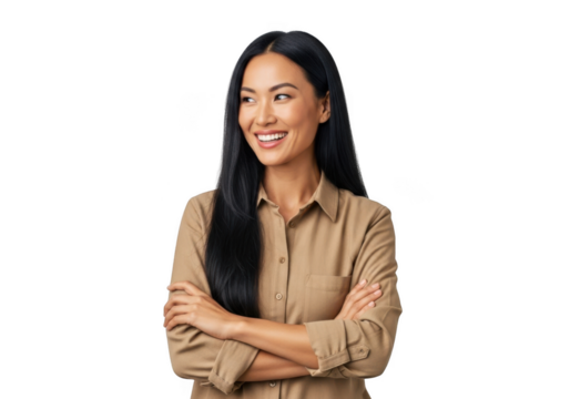 Smiling asian business woman with arms crossed looking away stock photo png image for design and marketing use, isolated on transparent background