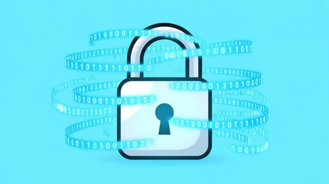 A digital padlock icon, encircled by a stream of binary code, symbolizes robust cybersecurity and secure data protection in a modern, flat design.