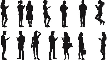 Silhouette of men and women standing, walking, texting, holding bag, checking smartphone, communication, technology, modern lifestyle, vector illustration