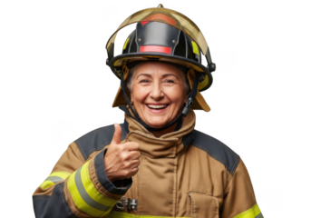 Smiling mature female firefighter giving thumbs up wearing protective gear portrait stock photo isolated on transparent background
