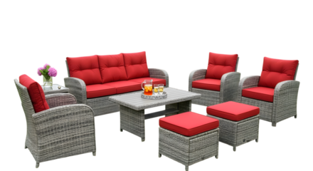 A stylish gray wicker outdoor living room set with red cushions isolated on transparent background