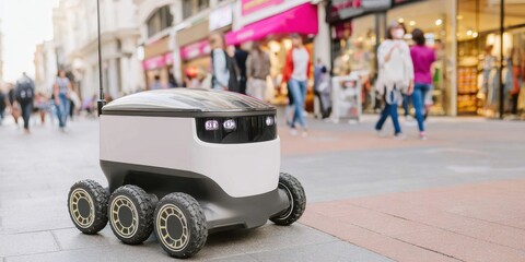 Obraz premium Autonomous Drone Delivery Robot Navigating Busy Urban Sidewalk with Sleek Six-Wheel Design for Modern Smart City Efficiency and Professional Logistics Use