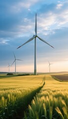 Wind Turbine Farm in Golden Field at Sunset Renewable Energy