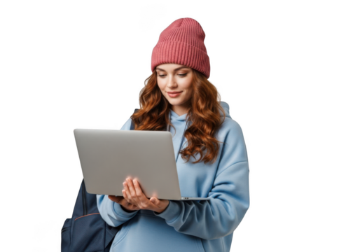 Young woman student with laptop wearing beanie and hoodie studying online isolated on transparent background