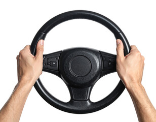 A pair of hands grips a car steering wheel, emphasizing control and focus while driving against a black background.