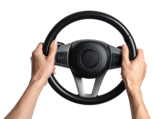 A pair of hands gripping a car steering wheel, showcasing control and focus.