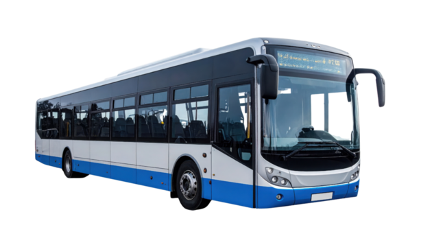 A sleek, modern bus designed for urban transit, featuring a blue and white color scheme and large windows.