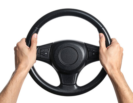 A pair of hands grips a car steering wheel, emphasizing control and focus while driving against a black background.