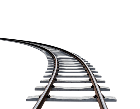 A curved section of railway tracks, highlighting the steel rails and wooden ties, leading into an unseen distance.