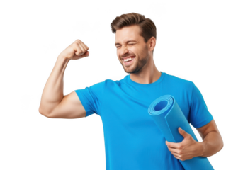 Smiling athletic man flexing bicep holding yoga mat fitness exercise workout training gym isolated on transparent background