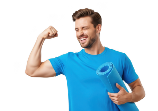 Smiling athletic man flexing bicep holding yoga mat fitness exercise workout training gym isolated on transparent background
