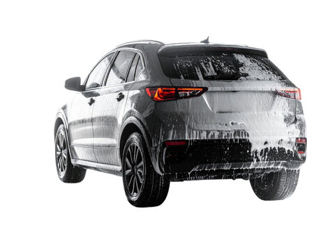 Fototapeta A sleek, modern SUV covered in suds, showcasing its design while being washed.